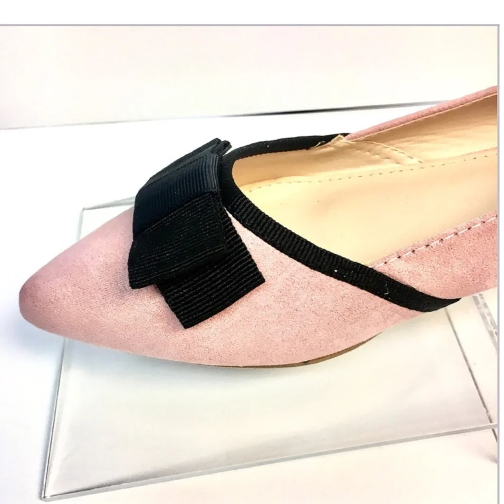 Pink Pointed Toe Flats with Black Bow - Faux Suede - Picture 4 of 7